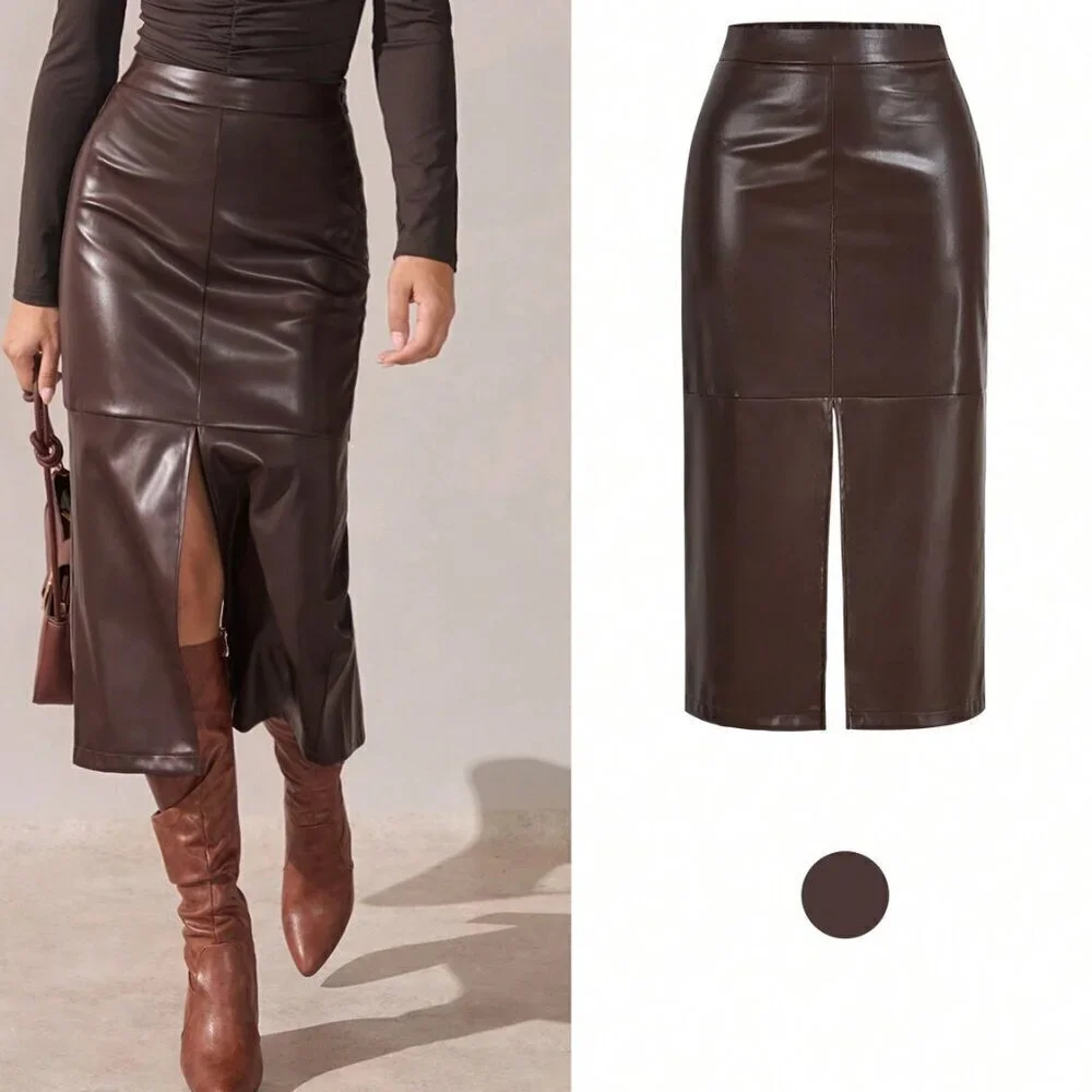 Brown Casual Women's Elegant A-Line Split Hem faux leather Skirt